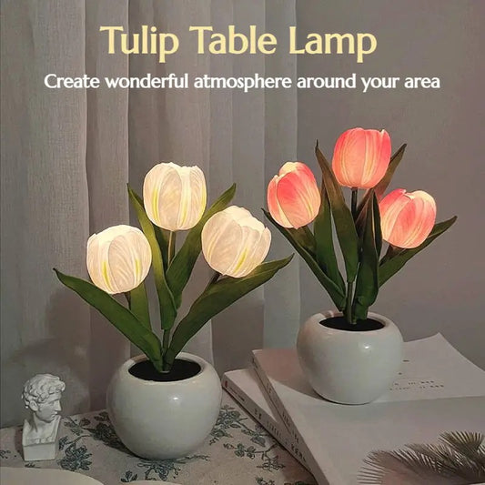 LED Tulip Night Light, Simulation Flower Table Lamp With Vase