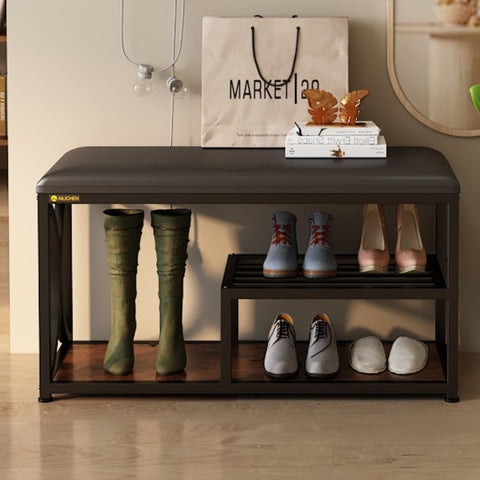 3-Tier Small Rustic Shoe Rack Bench with Padded Seat