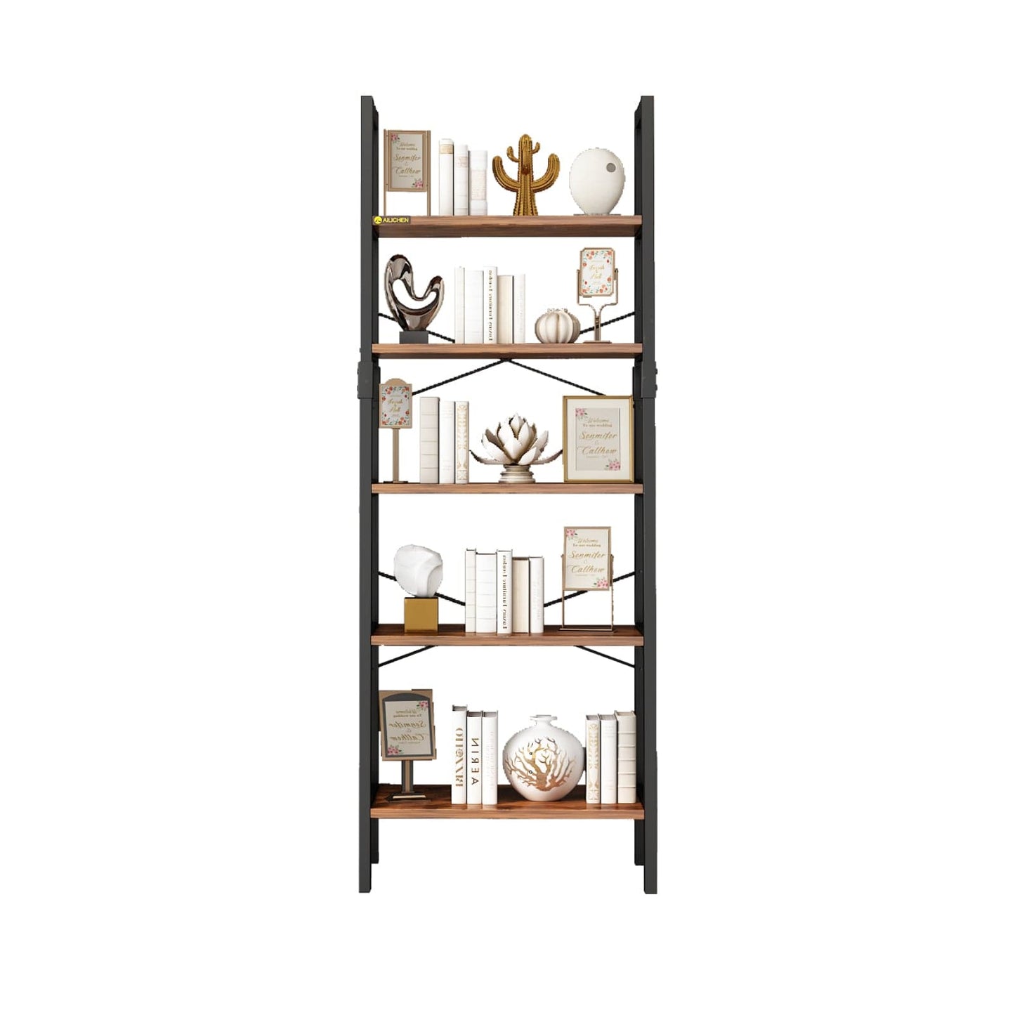 Industrial 5-Tier Bookshelf Wood Look Accent Metal Frame