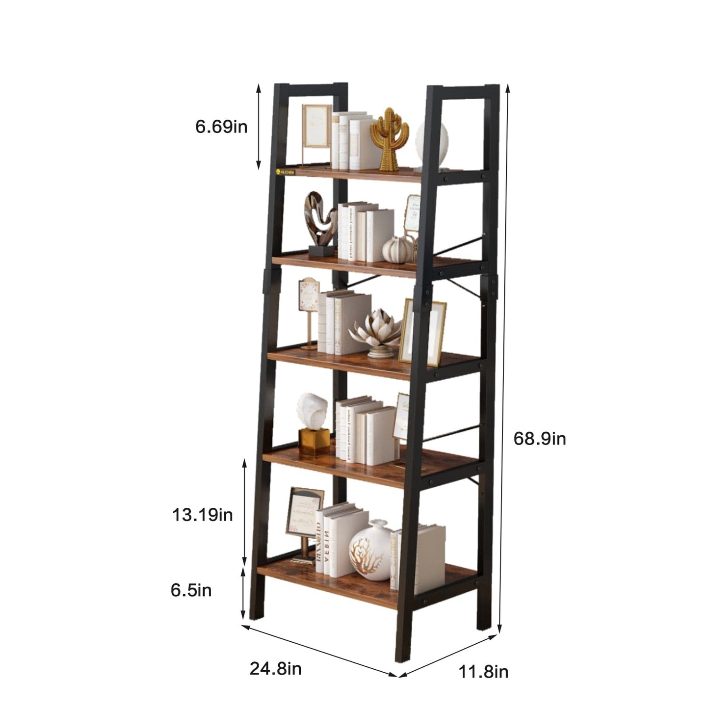 Industrial 5-Tier Bookshelf Wood Look Accent Metal Frame