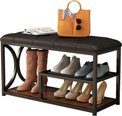 3-Tier Small Rustic Shoe Rack Bench with Padded Seat