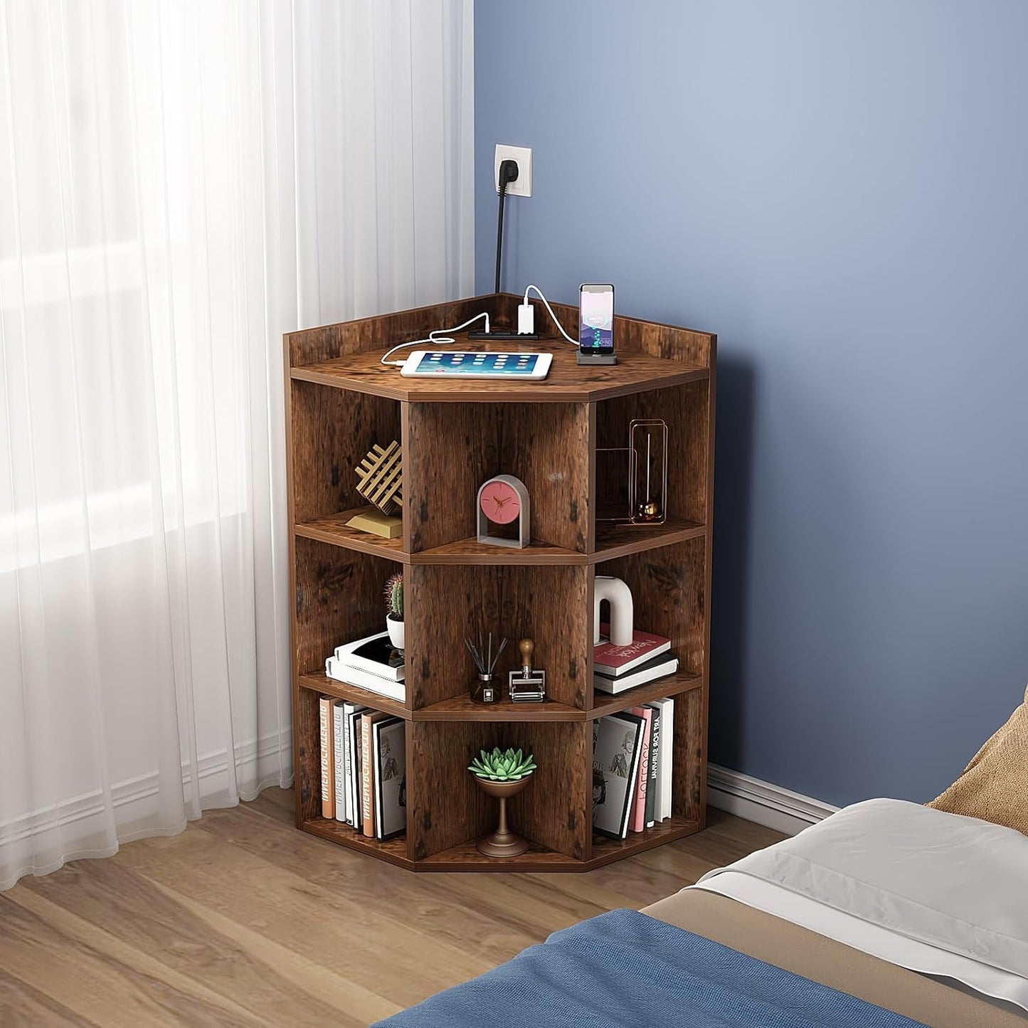 3-Tier Corner Cabinet with USB Ports and Outlet,Corner Storage Cabinet with 9 Cubes
