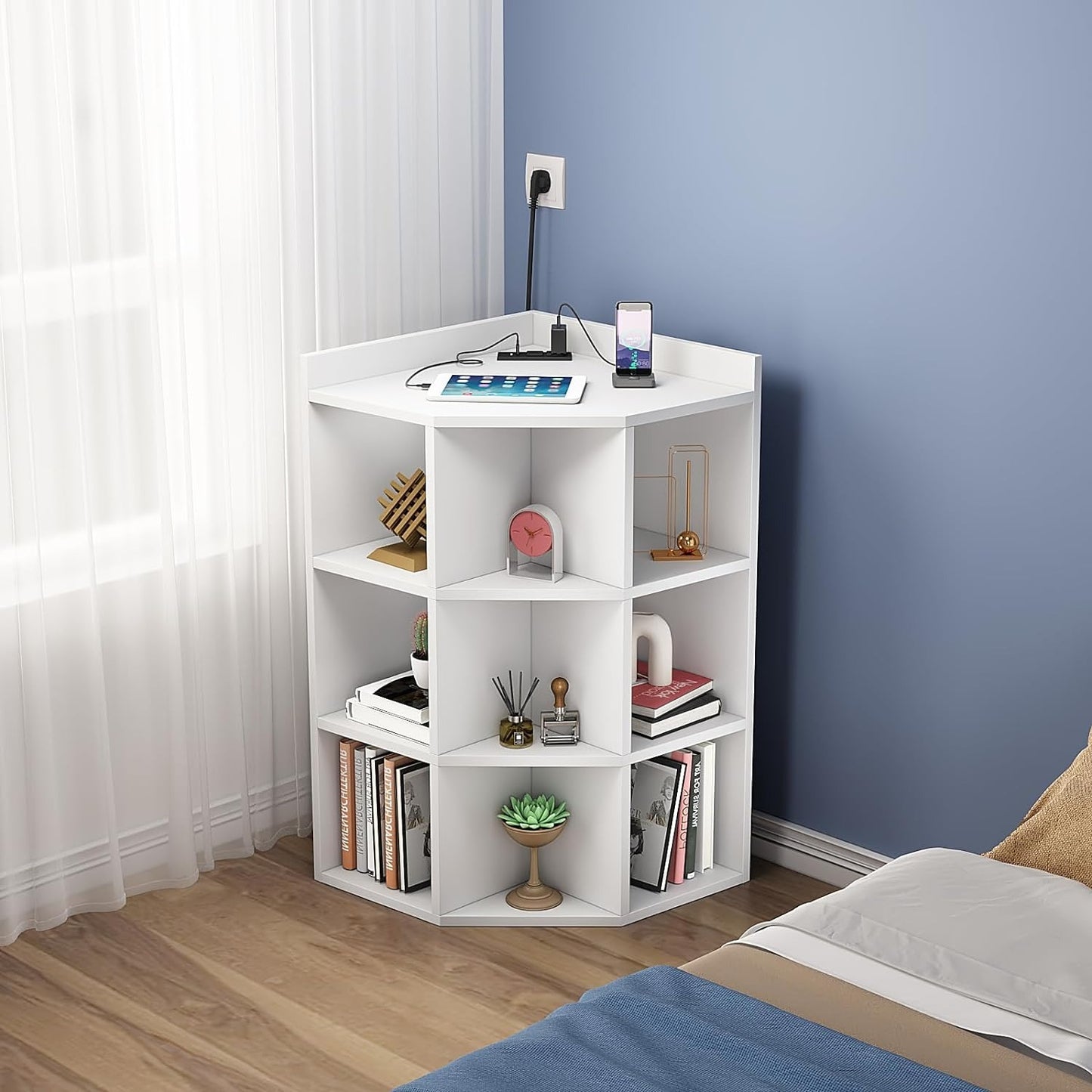 3-Tier Corner Cabinet with USB Ports and Outlet,Corner Storage Cabinet with 9 Cubes