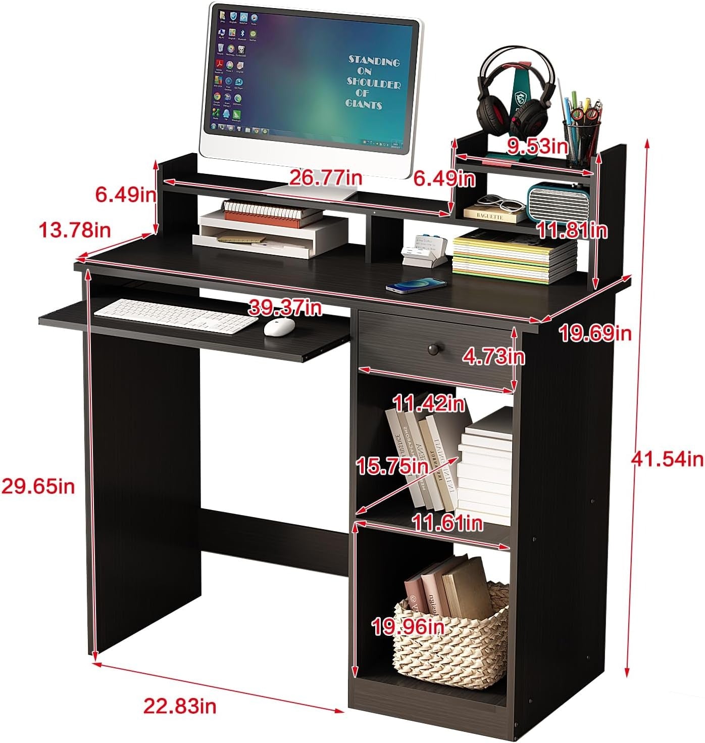 40" Study Workspace with Monitor Stand, Slide-Out Keyboard Tray