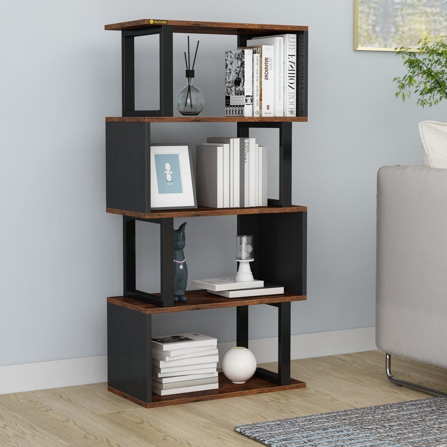 4-tier Open Storage Shelving with Wood Look Accent Metal Frame