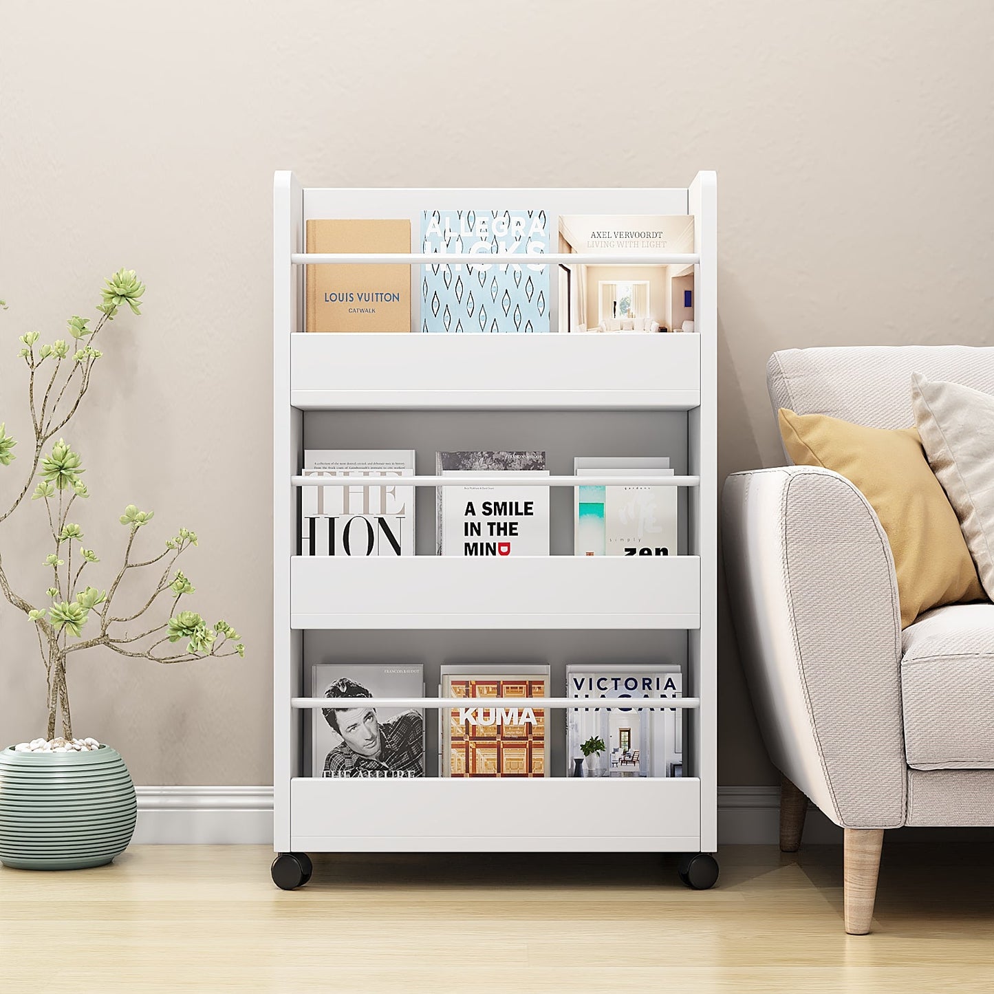 3 Tier Mobile Bookcase,Double Sided Open Office Bookshelf