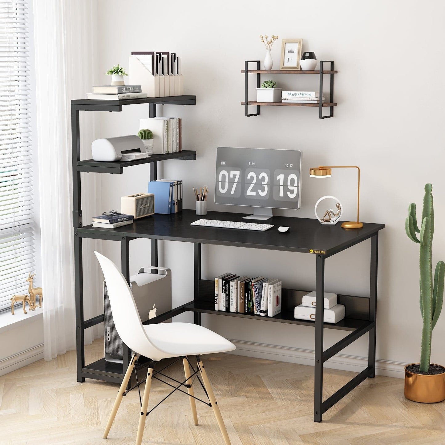 Modern Large Office Desk with Bookshelf and Tower Shelf