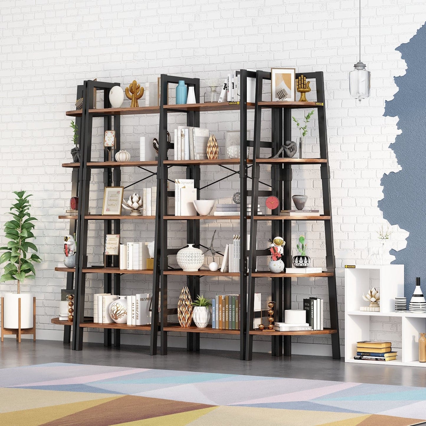 5-Tier Industrial Wooden Bookcase Display Rack with Metal Frame