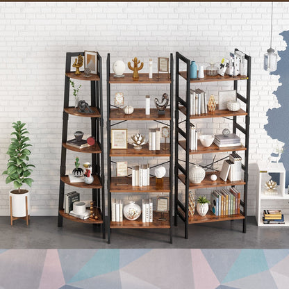 5-Tier Industrial Wooden Bookcase Display Rack with Metal Frame