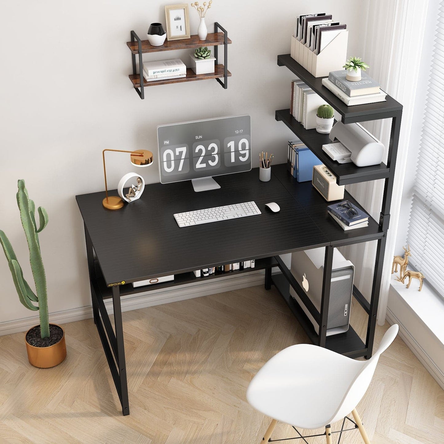Modern Large Office Desk with Bookshelf and Tower Shelf